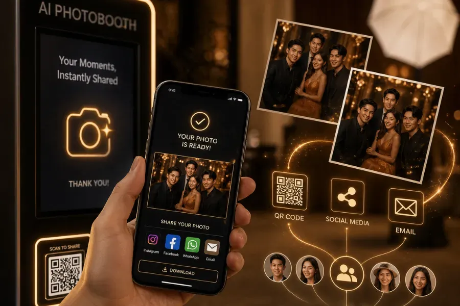 Guest downloading and sharing an AI photobooth result through QR code and email delivery