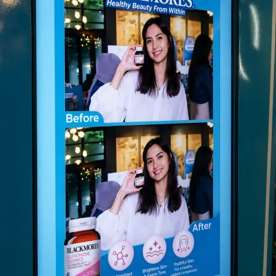 Blackmores Beauty After Photobooth showing before and after AI beauty transformation result at product launch event
