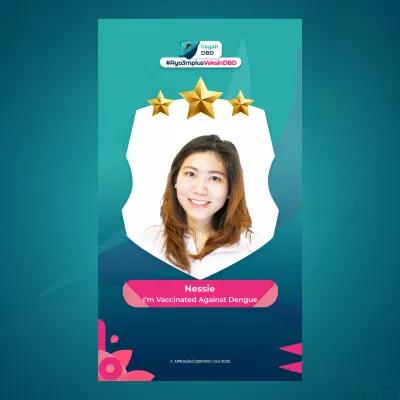 Qdenga photobooth output for participant with star rating style campaign overlay and personalized name label